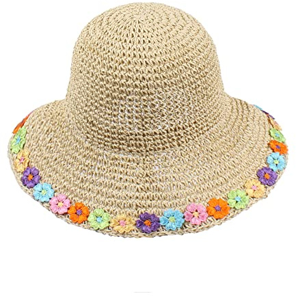 Meliyya Damen Stroh Sonnenhut Faltbarer Sommer Strohhut Blumen Strandhut Breite Krempe Sommerhut, Beige