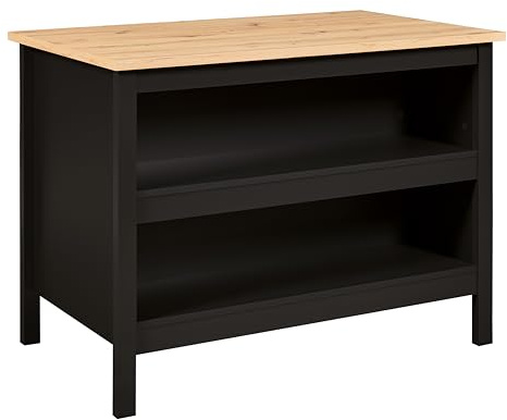 Inter Link - Kücheninsel - Mittelinsel - Arbeitsplatte - Küchenschrank mit Regalen - Melaminbeschichtet - Länge 124cm - Höhe 82 cm - Tiefe 75 cm - Helina Schwarz/ Artisan