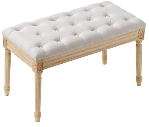 VEVOR Banc Rembourré 80x40x48 cm Banquette d'Entrée avec Coussin Rembourré en Mousse et Pieds en Bois d'Hévéa, Repose-Pieds Capitonné Charge 100 kg, pour Salle à Manger, Salon, Chambre, Couloir, Beige