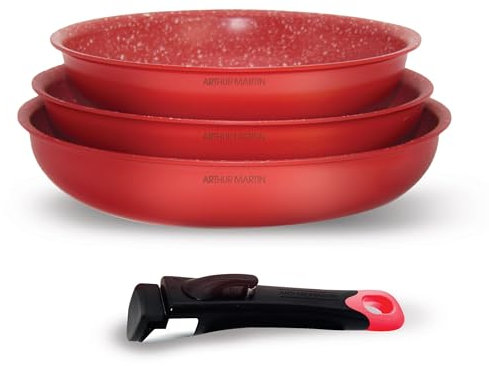 Arthur Martin, AMR37, Set de 3 poêles en aluminium antiadhésif avec poignée amovible, compatible tous feux dont induction, tailles 20-24-28 cm, couleur Rouge