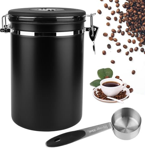 ZONJIE Boîte à café hermétique - - En acier inoxydable -Avec cuillère doseuse, valve CO2 et date - Pour café moulu et grains de café moulu (Noir, 1.8L)