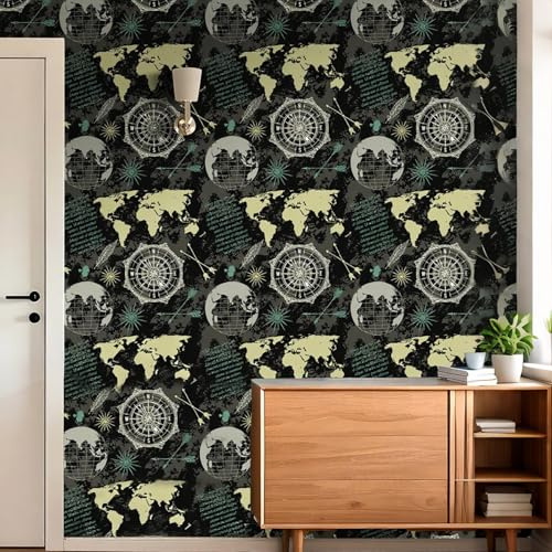 LACHEERY Schwarz Tapete Maritim Kinderzimmer Wandtapete Selbstklebend Modern 44.5cm x 700cm Selbstklebende Tapete Muster Wasserdicht Möbelfolie Kinder Tapeten für Schlafzimmer Wohnzimmer