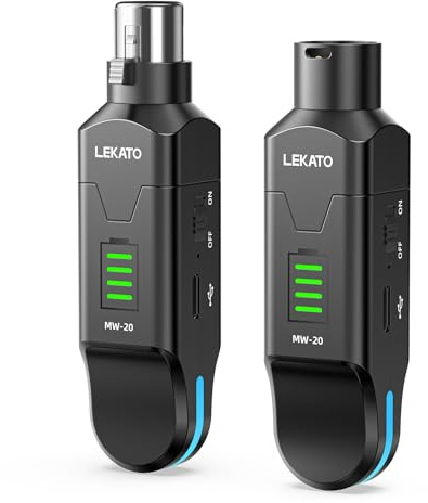 LEKATO 2,4 GHz Funkmikrofonsystem, XLR Sender Empfänger, 48V Phantomspeisung, für Kondensator & Dynamische Mikrofone, Plug & Play, 8 Std. Laufzeit, geeignet für PA, Mischpult, Live Auftritte (MW-20)