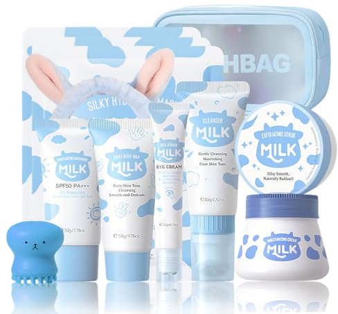 Milk Skin Care Sets & Kits, Women Gifts, Milk Skincare Set,Travel Skincare Set with Cleanser,Cream, Eye Cream, Scrub,Sunscreen,Face Mask*3, Hand Wax, Brush and Head Band, Bag