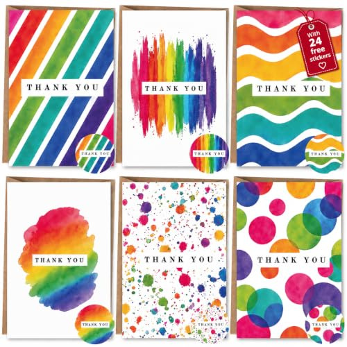 SIMPLY GIFTED Thank You Cards Multipack of 12/24 with Envelopes & Matching ThankYou Stickers- 6 Watercolour Designs Blank Inside -10x15cm Thankyou Cards for Teachers Weddings Kids-Made in UK