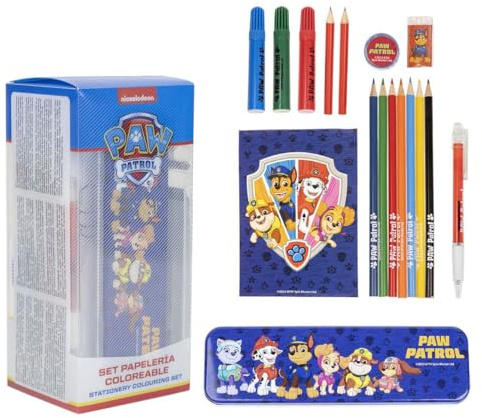 Paw Patrol brevpapper och teckningar i en låda – barnkit med pennor, markörer, suddgummi, pennvässare och målarpapper, perfekt som kreativ present och skolpresent
