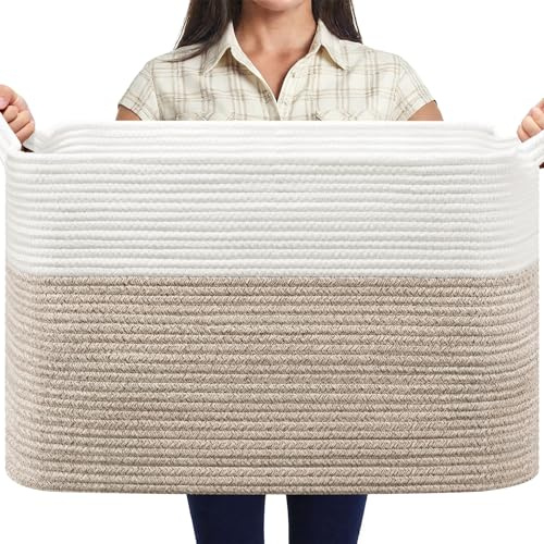MOLMO Extra Large Woven Storage Basket, 85L Laundry Hamper for Washing, Cotton Rope Bin for Dirty Clothes, Toy Organizer for Kids, Blanket Basket for Living Room(White&Brown)