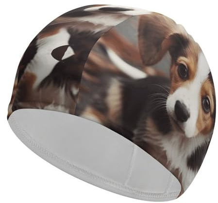 Bonnet de Bain pour Femme et Homme, Bonnet de Bain très élastique, Motif Chien Mignon, pour Cheveux Longs et Courts