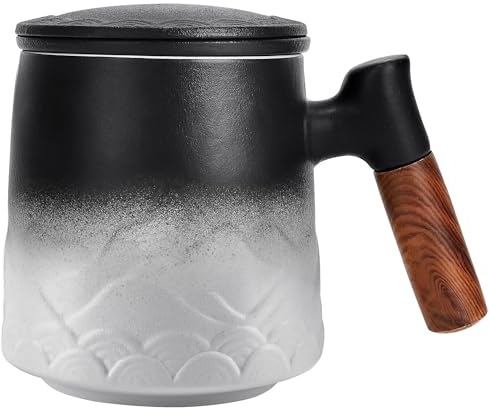 DISDADA Taza de te con Filtro y Tapa Ceramica, Tazas Grande para Infusiones con Asa de Madera para Regalo (Blanco)
