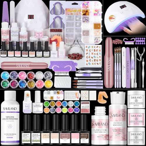 SAVILAND Acrilico per Unghie Kit con Polvere Acrilica e Liquido Smalto Gel Mini Lampada UV Fresa per unghie Strumenti Set per Manicure Fai da Te, Adatto ai Principianti, Regalo di Natale, Nail Art