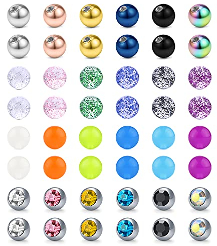 Briana Williams 48stk Piercing Kugel Set 1.6mm Gewinde 5mm Ersatzkugel Schraubkugel Bauchnabelpiercing Zungenpiercing Brustwarzenpiercing Chirurgenstahl Acryl Plastik