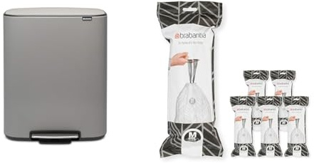 Brabantia Bo Pedal Bin - 1 x 60L Inner Bucket (Mineral Concrete Grey) Waste/Recycling Kitchen Bin + M Liners Multipack Box (120 rolls)