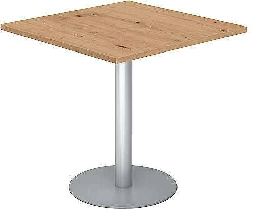 bümö Besprechungstisch, Esstisch Klein 80x80 cm - Tisch Eckig Asteiche, Rundtisch für 2 Personen Mit Holz-Platte, Säule Aus Metall in Silber, Konferenztisch, Bistrotisch