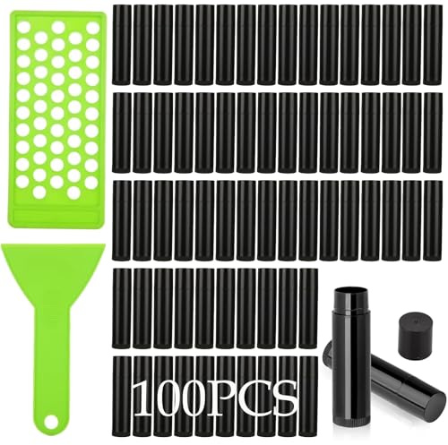 GBACHOOSE 100Pack Plastic Lip Balm Tubes 5ml/5g Black Lip Balm Containers, Chapstick Tubes Empty with Filling Tray and Spatula, Rotating Type Refill Lip with Cap for DIY