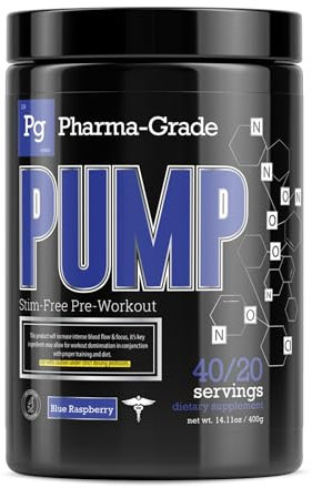Pharma-Grade PUMP Stim Free Pre Workout Powder | Focus, Energy & Strength | Citrulline, Beta-Alanine, Pink Bark | 3 Flavours | Cherry Lime | 20/40 Servings (400g, Blue Raspberry)