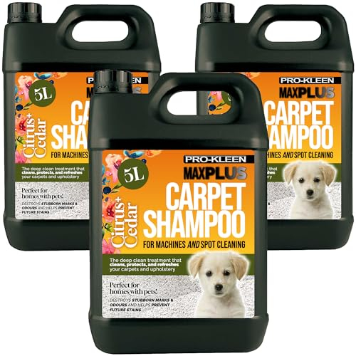 Pro-Kleen MAXPLUS Carpet Shampoo Cleaner – Premium Formula to Remove Dirt & Stains – Removes Pet Deposits & Odours – Suitable for all Machines (Citrus & Cedar, 3 x 5 Litres)