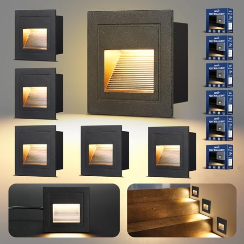 Letlit 6er Set Treppenbeleuchtung 3W 300lm, LED Treppenstufenbeleuchtung 230V 3000K, 85x85mm, IP65 Wandeinbauleuchte Treppenlicht Beleuchtung für Treppen Wand, Unterputzdosen 68mm, Aluminium Schwarz