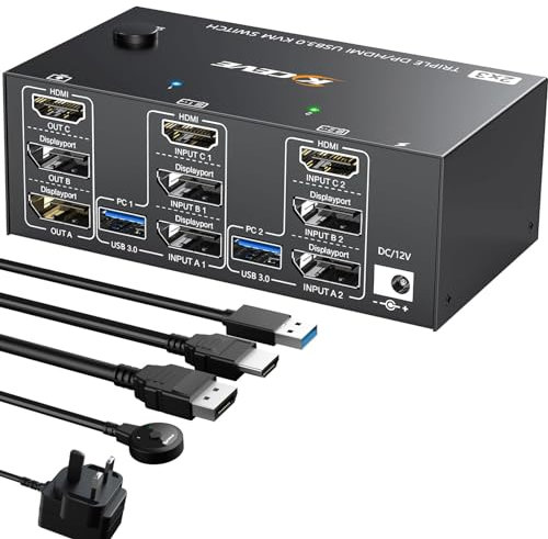 YOUTINGHDAV USB 3.0 KVM Switch 3 Monitors 2 Computers, Triple Monitor KVM Switch HDMI+DP+DP 8K@60Hz 4K@144Hz for 2 Computers Share Mouse Keyboard, with Wired Remote