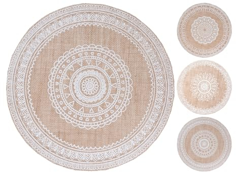 Tischset rund 38cm x 1 Stück Sortiert - Jute Platzset mit besticktem Ornament Muster - Boho Platzdeckchen & Tischuntersetzer für Hochzeit, Geburtstag und Alltag - Beige Weiß