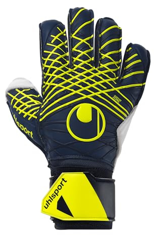 uhlsport Football Gants de Gardien de But Prediction Soft Flex Frame - Gants de Gardien de But pour Enfants et Adultes avec Protection des Doigts, 7.5, Marine/Blanc/Jaune Fluo