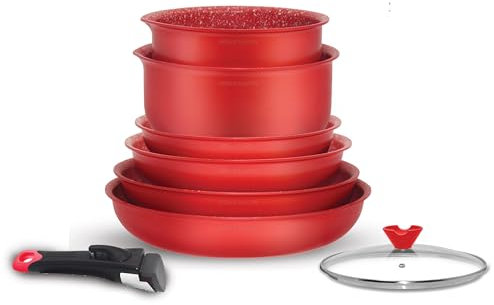 Arthur Martin, AMR88, Batterie de cuisine 8 pièces en aluminium avec revêtement anti-adhérent, poignées amovibles et couvercles en verre, compatible tous feux, 20-24-28 cm, Rouge