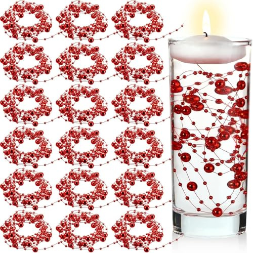 PacuM Artificial Pearls String Beads Chain, 18 Pc/70 Feet Pearl Bead String Garland Faux Pearl Christmas Beads Garland Plastic for Wedding, Party, Christmas Tree Decoration (Red)