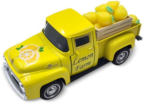 Teeloray Decoración de Camión de Limón, Rústico Camión de Metal con 10 Equeños Limones Artificiales y Caja de Madera para Escaparate, Mesa Centros, Cocina, Fiestas, Decoracion para el Hogar