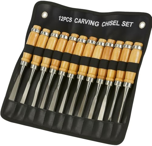 OUTLETISSIMO® Set di 12 Scalpelli per Intaglio del Legno – Utensili Professionali per Scultura con Manico in Legno e Lama in Acciaio – Kit Sgorbie da Intaglio per Falegnami, Artisti e Hobbisti