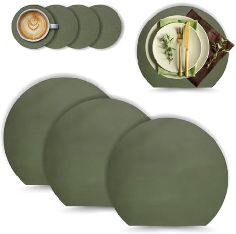 Set di 4 Tovagliette Americane Rotonde Verdi + 4 Sottobicchieri, in Pelle PU Lavabili, Impermeabili, Antiscivolo e Resistenti al Calore, Sottopiatti Eleganti per Ristorante o Casa