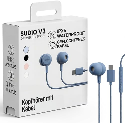 sudio V3 Essential Wired Kopfhörer mit Kabel | In Ear Kopfhörer mit USB-C Anschluss | Geflochtenes, Kabelbruch-sicheres Design | Integriertes Mikrofon | IPX4 Wasserresistent | Blau