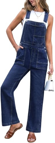 luvamia Stretchy Straight Wide Leg Jean Jumpsuit for Women Denim Baggy Bib Adjustable Strap Casual Loose Fit Denim Dungarees Overalls for Women Darkness Blue Size Medium US Size 8-10