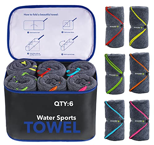 4Monster 6-Pack Quick Dry Microfiber Travel Towels – Super Absorbent, Ultra-Soft Camping Towel Set with Water-Resistant Bag, Lightweight & Compact for RV, Gym, Beach, Pool, Swimming, and Family Trips