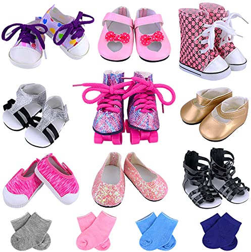 Ecore Fun 18 Inch Girl Doll Accessories Includes 9 Pairs of Shoes and 4 Pairs of Random Color Socks Fit for 18 Inch Girl Doll - Sandals, Casual and Canvas Shoes, , Roller Skates ect