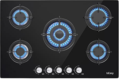 Glas Gaskochfeld, IsEasy Gaskochfeld 5 Flammig mit Automatischer Thermoelementschutz, Einbau 5 Zonen Glas Gaskochfeld, Erdgas(20mbr)/Propangas(30/50 mbr), Schwarz Glasherd, 77cm, 10.5KW