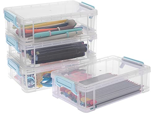 BTSKY Pack of 4 Stackable Transparent Pen Boxes, Office Supplies Storage Boxes, Multifunctional Storage Boxes, 19.5 x 12 x 6 cm Intermediate Size (Blue Buckle)
