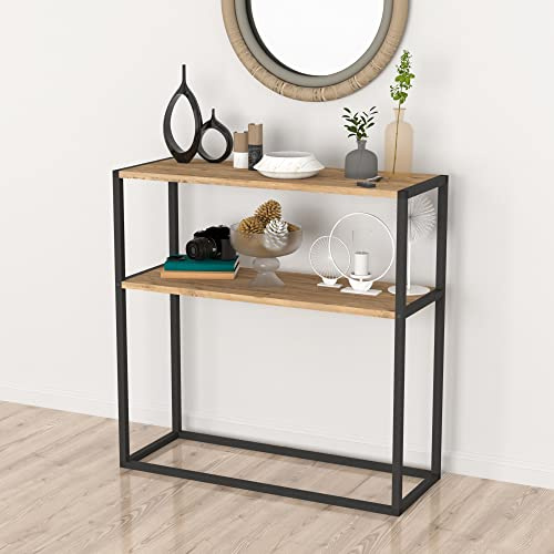 [en.casa] Tavolo a Consolle (AxLxP) 90 x 90 x 33,5 cm Mobile da Ingresso con 2 Piani di Appoggio in Effetto Rovere