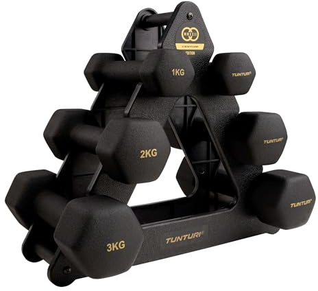 Tunturi Centuri Kit haltères néoprène 3 pièces + rack noir
