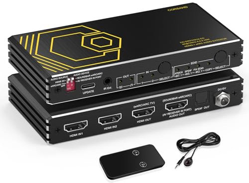 8K @60Hz 4K @120Hz HDMI2.1 Switch 2 en 1 Salida con extractor de audio eARC, ARC, 7.1Ch, SPDIF 5.1Ch, 48Gbps, HDCP2.3 Bypass, VRR, IR, 3D, HDR 10, Dolby Atmos, compatible con QLED TV, PS5, Xbox,