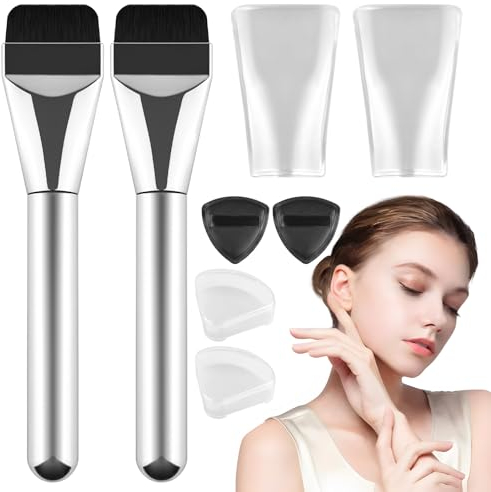 2 Stück Ultra Thin Foundation Brush, Flacher Foundation Pinsel, Makeup Pinsel-Set mit 2 Puderquaste, Wiederverwendbar Concealer Pinsel für Cremige, Foundation, Concealer