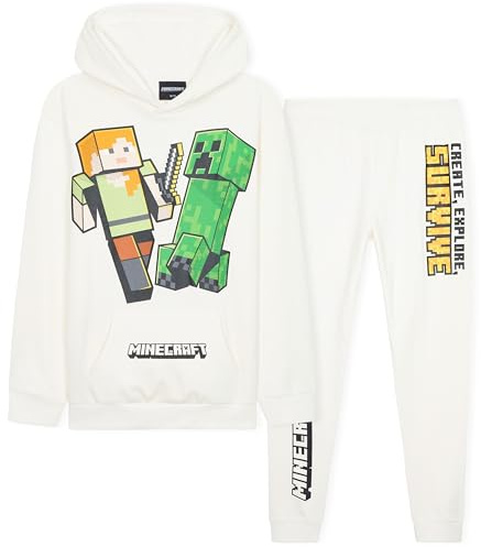 Minecraft Ensemble Survêtement Garçon, Jogging Long Confortable - Cadeaux Gamer Garçon (Beige, 9-10 Ans)