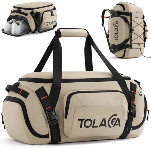 Tolaccea Sporttasche Rucksack für Herren & Damen – 40L große Reisetasche mit Schuhfach, Nassfach & Laptopfach (15,6) – Wasserdicht Duffle Bag für Weekender, Fitness, Sport & Reisen(Khaki)