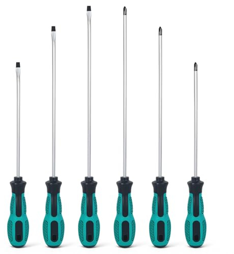 Hikrxya 6pcs Professional Long Reach Screwdriver Set, 3 Flat + 3 Cross Heads with Extra Long Reach, Magnetic Tips Phillips Slotted Screwdrivers & Soft Grip Handles (3 Sizes)