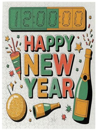 Happy New Year Countdown Clock Champagne Multi Color 500 Piece Wooden Puzzle Jigsaw Puzzle for Adults Friend Family Birthday Gift