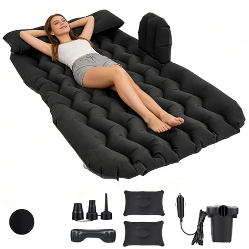 Car Bed, Thickened Inflatable Car Air Mattress for Back Seat, Portable Car Sleeping Bed with Electric Air Pump, 2 Pillows, Universal Blow Up Mattress for Car/SUV/Truck Camping,Travel Tent Road Trip