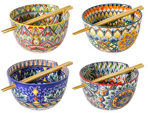 Ramenskål, set med ramen soppskålar inklusive ätpinnar, keramiskt set med 4 skålar, för soppa, ramen och Udon – 850 ml