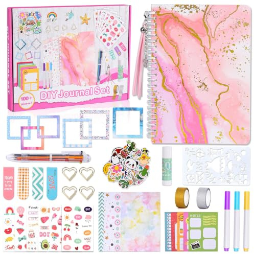 JONRRYIN Scrapbook pour Fille, Ensemble de 92 Pièces d'Accessoires de Scrapbook avec Carnet A5 et Feuilles d'Autocollants, Ensemble de Journal DIY pour Filles, Ensemble Créatif de Bricolage Cadeau de