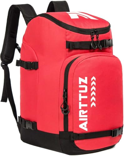 AIRTTUZ Ski Boot Bag - Ski and Snowboard Boots Backpack，Excellent for Travel with Waterproof Exterior & Bottom - for Men, Women and Youth. (RED)