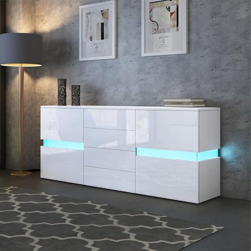 Senvoziii LED Sideboard Storage Cabinet Cupboard Unit 2 Doors 4 Drawers High Gloss TV Stand Unit for Dining Room Living Room Kitchen