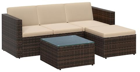 SONGMICS Garden Furniture Set, PE Rattan Outdoor Corner Sofa Couch | Handwoven Rattan Patio Conversation Set, with Cushions and Glass Table, Brown and Taupe, FUNLAND Collection GGF005K02