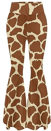 FUSURIRE Orange Giraffe Print Flare Leggings High Waisted for Women Ladies Teen Girls Bell Stretch Bottoms Butt Lifting Activewear Performance Pants Seamless Compression Soft, Large Size